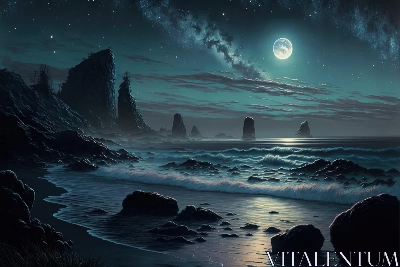 Moonlit Beach: Exquisite and Detailed Night Scene AI Image