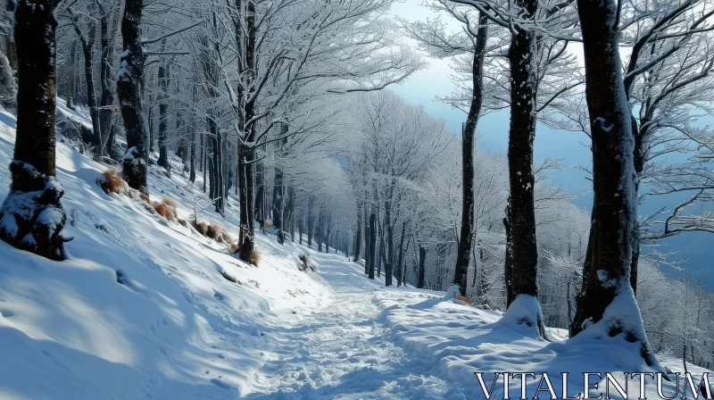 Snow-Covered Forest Path: A Serene Winter Scene AI Image