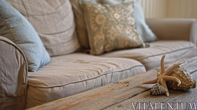 Beige Fabric Couch with Driftwood Coffee Table and Seashell Decor AI Image