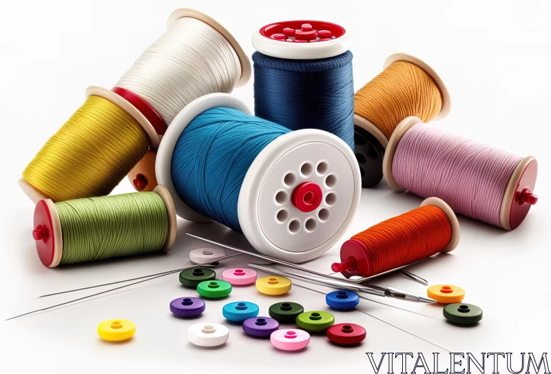 AI ART Colorful Thread and Needle Art: Handcrafted Designs on a White Background