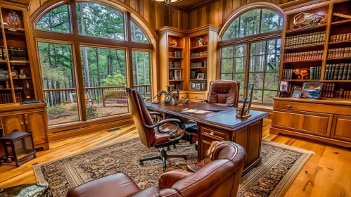 Cozy and Luxurious Traditional Home Office with Wood Paneling and Leather Furniture
