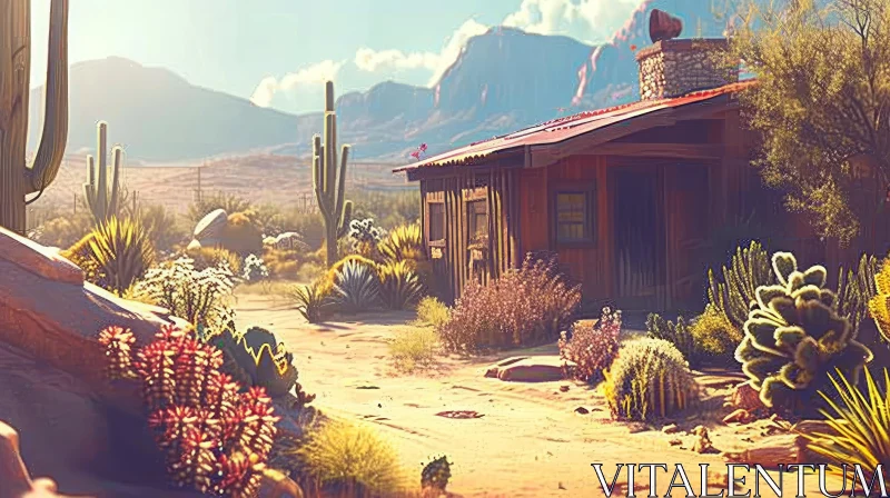 Desert Dream: A Serene Wooden House Amidst Arid Beauty AI Image