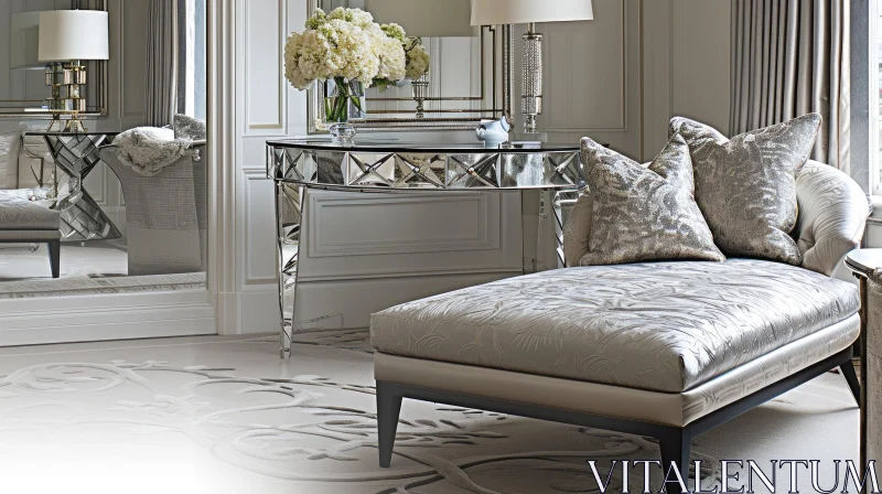 Elegant and Chic Interior: Decorated Room with Chaise Longue, Mirror, and Table AI Image