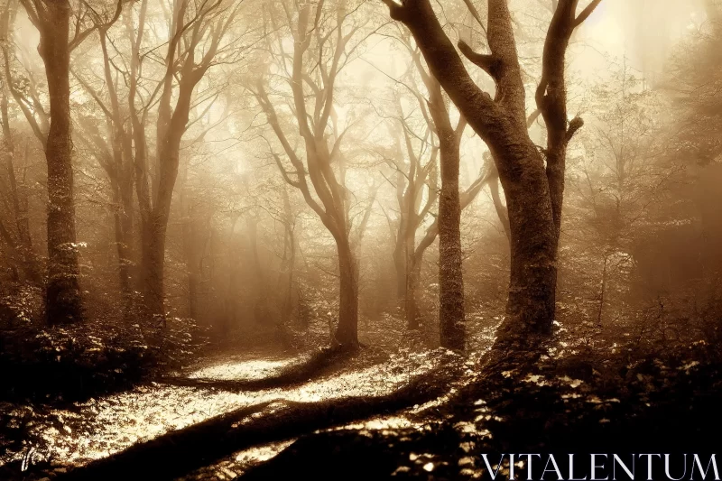 Enchanting Sepia-Toned Forest: A Luminous and Dreamlike Scene AI Image