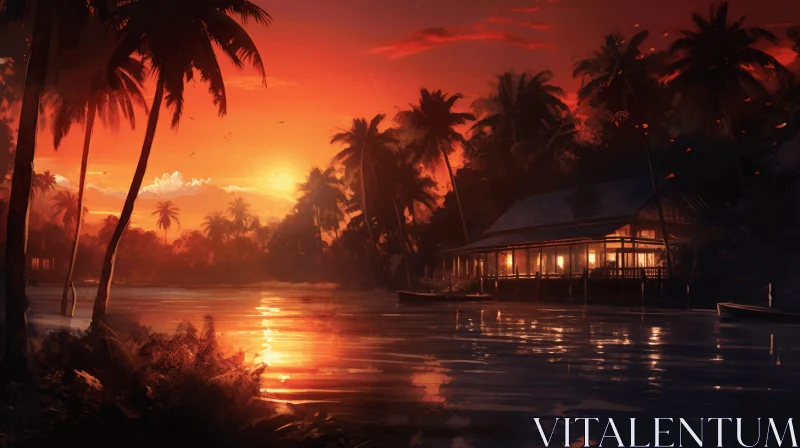 Enigmatic Tropics: Sunset Painting of Palm Trees and Houses AI Image