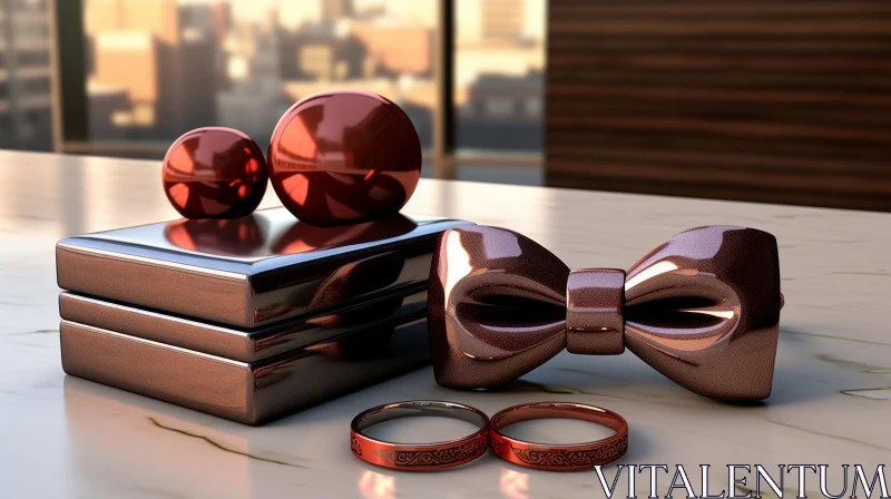 Red Metal Wedding Rings and Bow Tie 3D Illustration on Marble Table AI Image