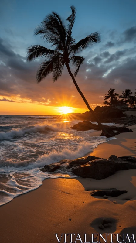 Romantic Backlit Photography: Palm Tree and Waves on a Beach AI Image