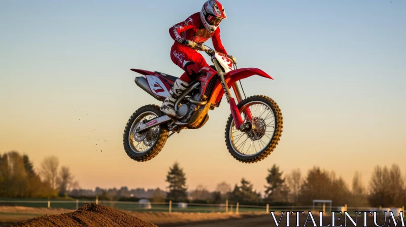 Adrenaline Rush: Motocross Rider Flying Over Dirt Hill AI Image