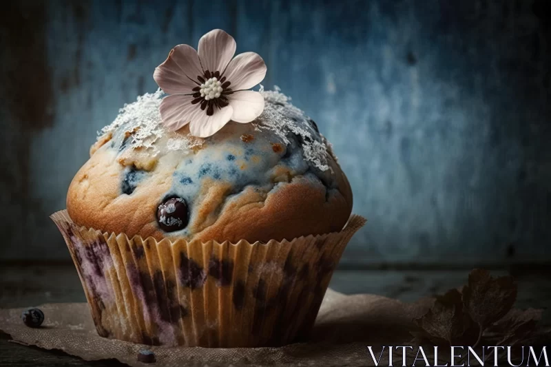 Captivating Blueberry Muffin with Flower on Wooden Table | Moody and Romantic Photography AI Image