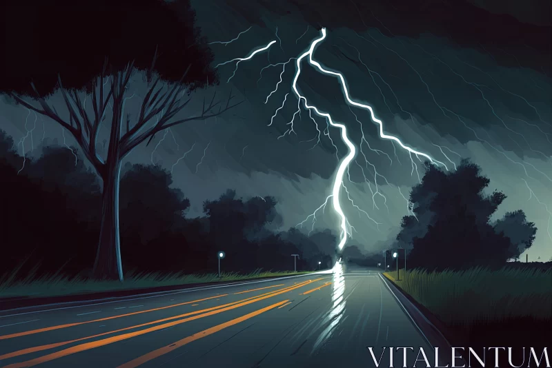 Captivating Oil Painting: Lightning Strikes on a Dark Road AI Image