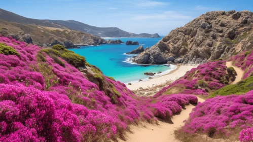 Captivating Scenic Landscape with Purple Flowers and Rocky Beach