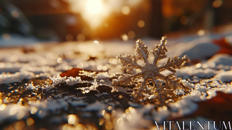 Gold Snowflake Ornament on Snowy Ground - Peaceful Winter Image AI Image