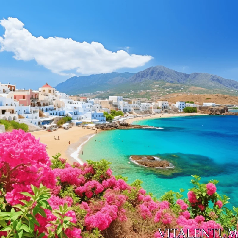 Grandiose Pink Flowers and Blue Sea: A Captivating Hellenistic Scene AI Image