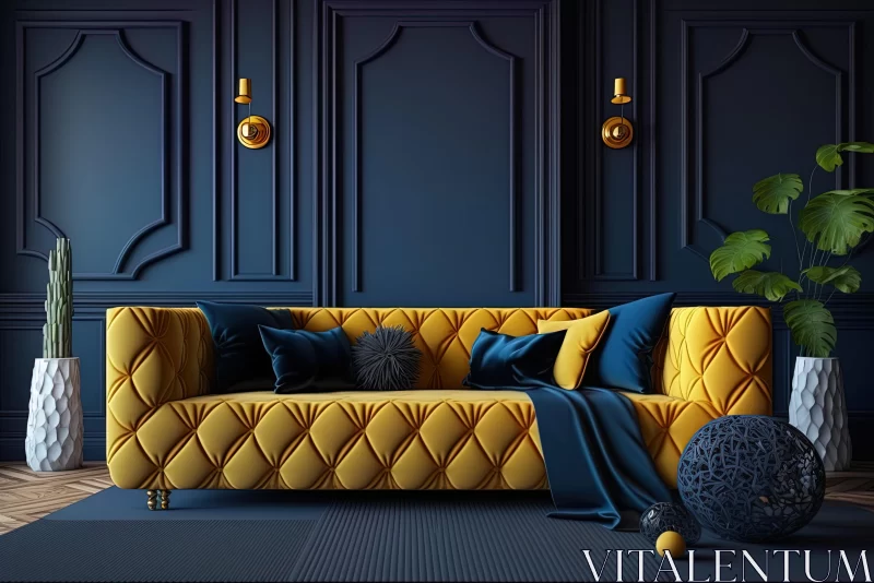 Luxurious Gold Couch with Blue Wall in Dark Blue and Yellow Style AI Image