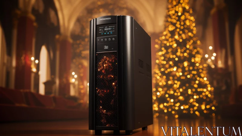 AI ART Modern Computer Case Illuminated with Christmas Tree Background