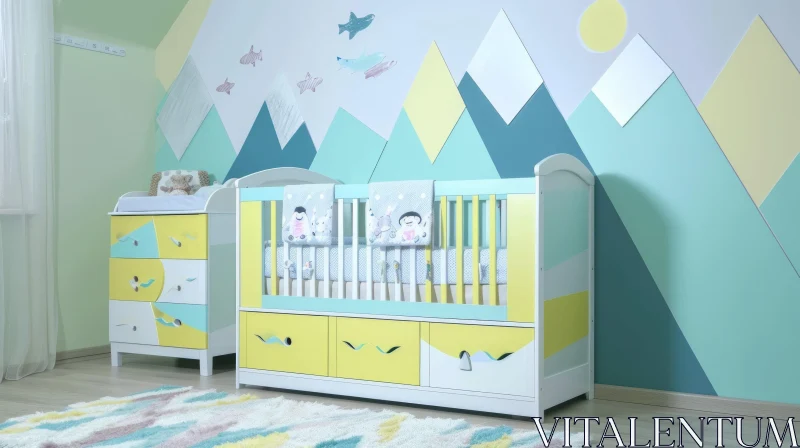 Modern Nursery with Colorful Mountain-Themed Decals AI Image