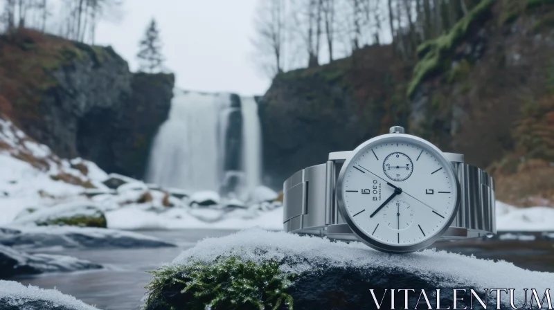 AI ART Stainless Steel Wristwatch on Snowy Rock by Majestic Waterfall