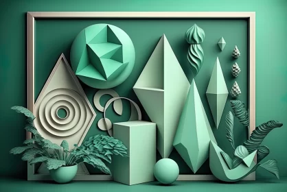 3D Geometric Sculptures in Green | Detailed Still Life Design