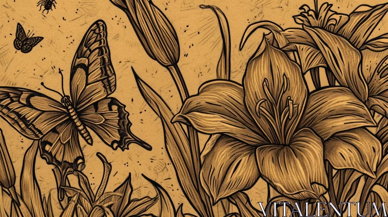 Black and White Drawing of Flowers and Butterflies AI Image