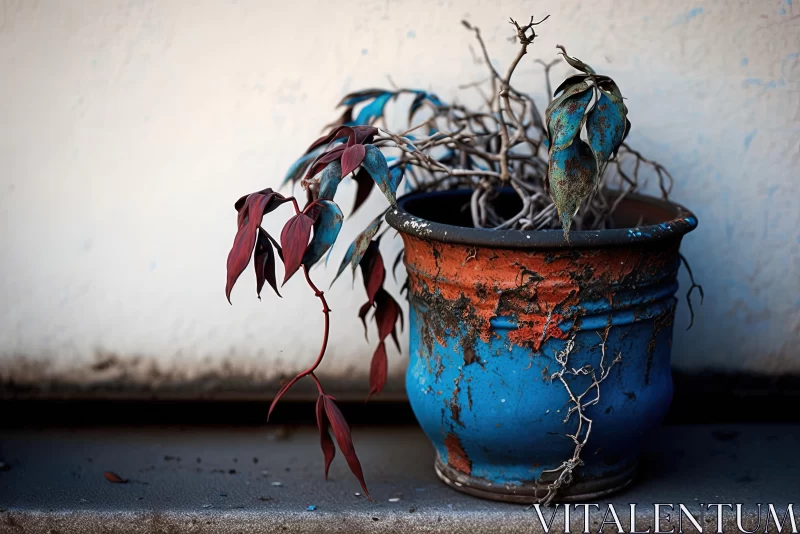 Captivating Leaves on Blue Pot: A Tale of Decadent Decay and Chromaticity AI Image