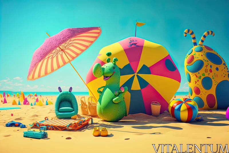 AI ART Colorful Beach Scene with Whimsical Umbrella and Playful Animals