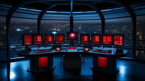 Dark Futuristic Control Room Overlooking City at Night