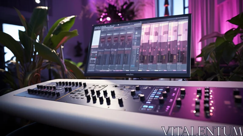 AI ART Modern Sound Engineer's Workplace with Mixing Console