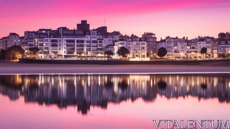 Pink Buildings in the Sky Reflecting in the Water | Seaside Scenes AI Image