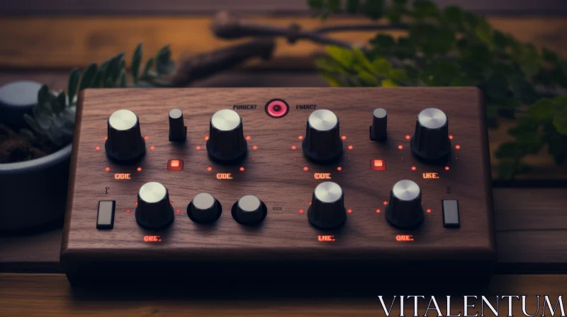 Wooden Electronic Synthesizer with Knobs and Indicator Lights AI Image