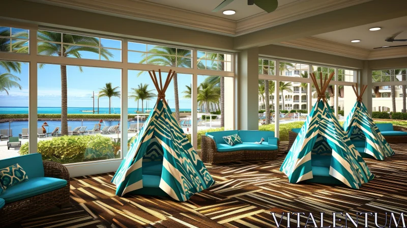 Bright and Inviting Room with Tropical Paradise View AI Image