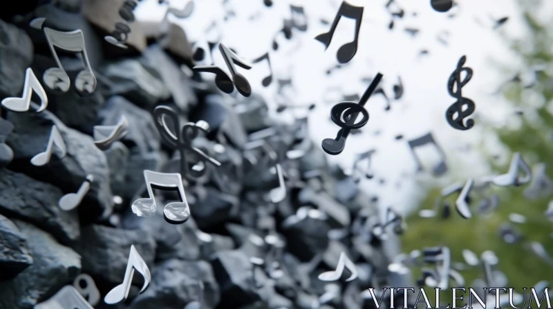AI ART Captivating 3D Rendering of Musical Notes Flowing from a Stone Wall