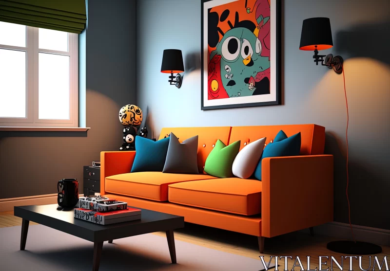 Colorful Living Room with Orange Couch - Cartoonish Character Design AI Image