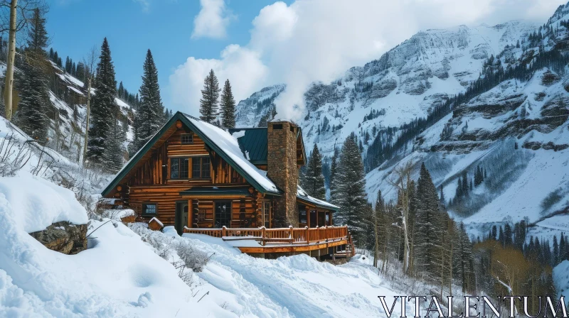 Cozy Wooden Cabin in Snowy Mountain Valley AI Image