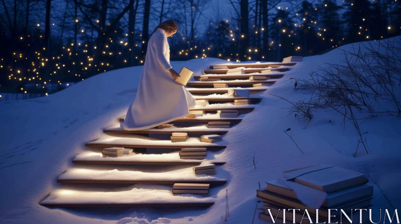 Majestic Girl Walking Up Snowy Hill | Whimsical Book Stairs AI Image