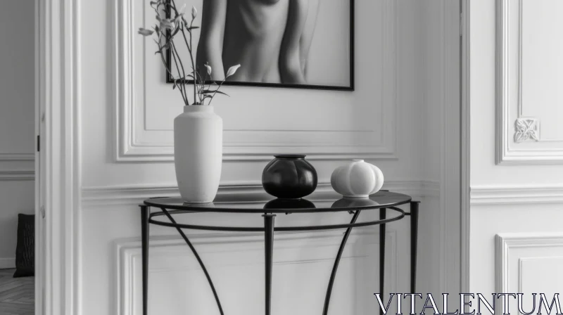 AI ART Monochromatic Interior with Glass Table and Vases
