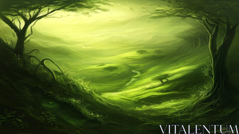Serene Landscape of a Valley with a River and Green Hills AI Image