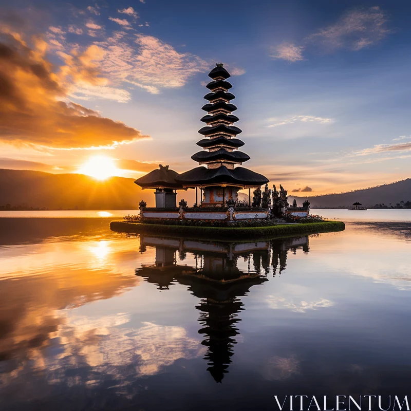 Serene Temple on Water with Vibrant Sunset Reflections AI Image