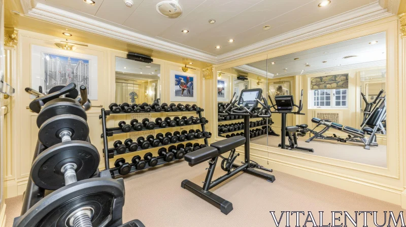 Stylish Home Gym with Weight Bench, Dumbbells, and Exercise Equipment AI Image