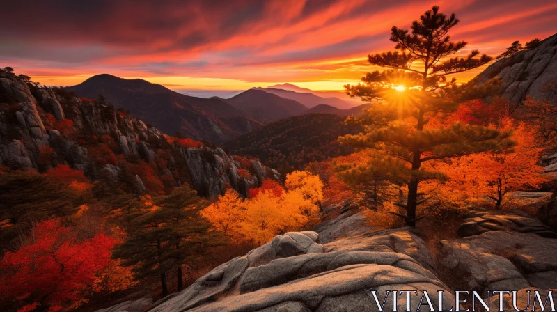 Captivating Autumn Sunrise on Mountains and Trees with Colorful Leaves AI Image
