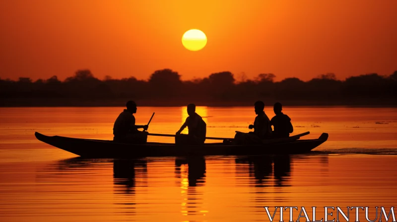 Captivating Sunset: Serene Long Boat Gliding on Water | Ivory Coast Art AI Image