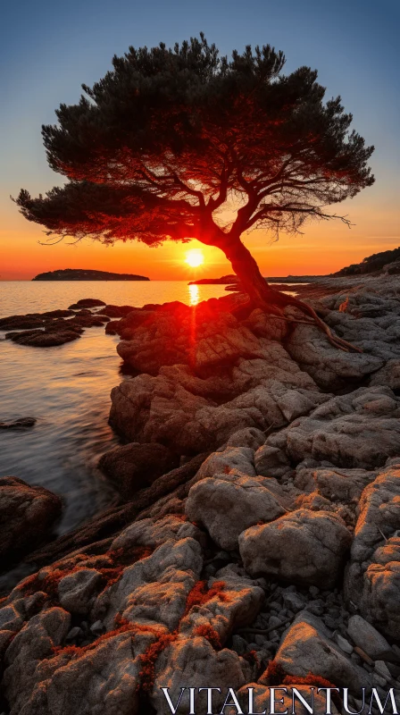 Captivating Sunset: Tree on Rocks near Water AI Image