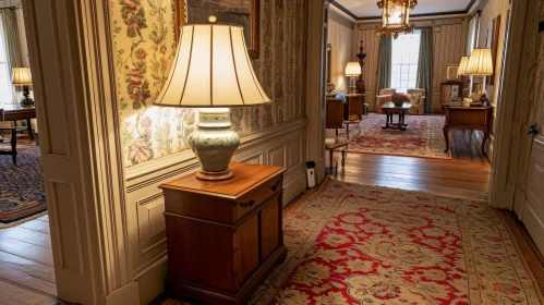 Elegant Historic House Hallway with Floral Wallpaper and Hardwood Floor