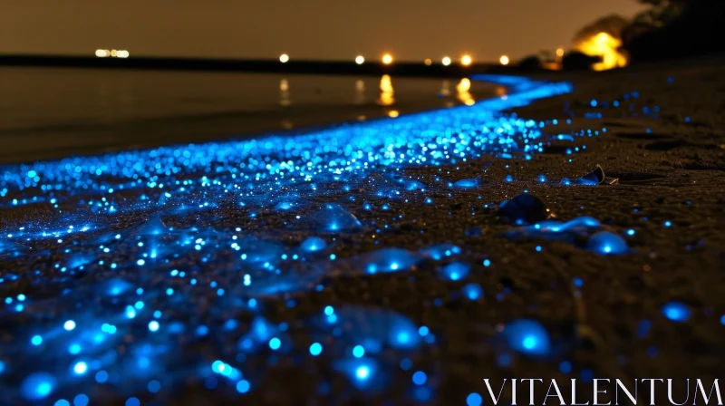 AI ART Enchanting Night Beach Scene with Glowing Blue Plankton