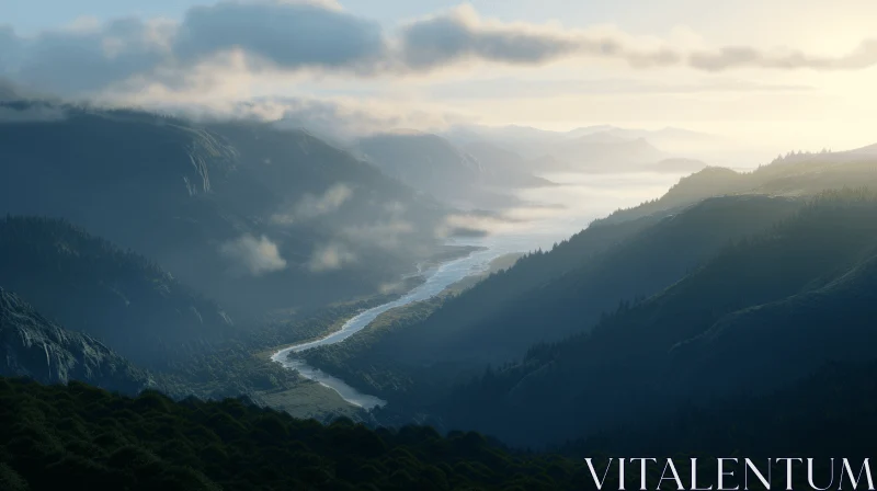 Serene Lake in a Valley: Majestic Mountains and Ethereal Beauty AI Image