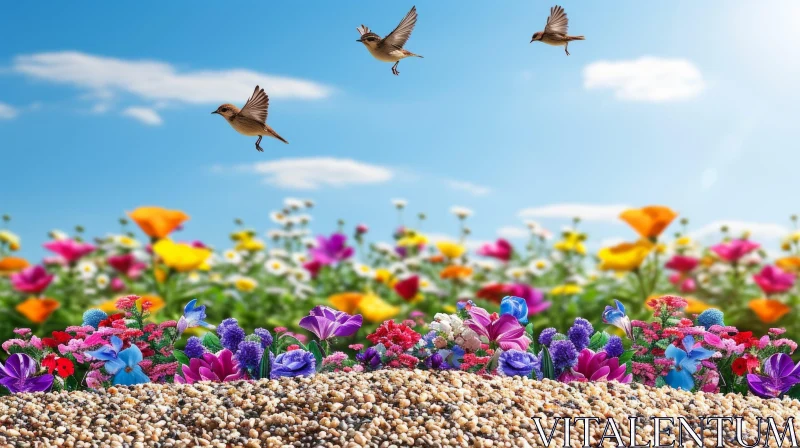 Vibrant Flower Field with Birds in the Sky | Nature Photography AI Image