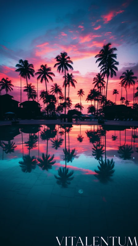Captivating Palm Trees Reflection at Sunset | Exotic Travel Photography AI Image