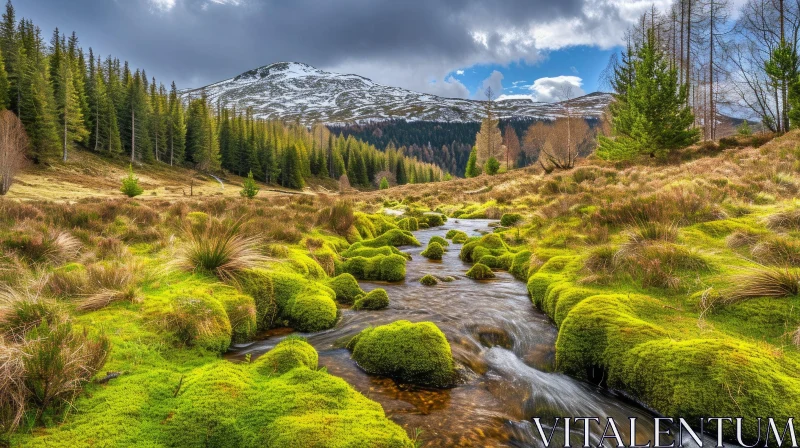 Majestic Mountain Valley Landscape with Crystal Clear River AI Image