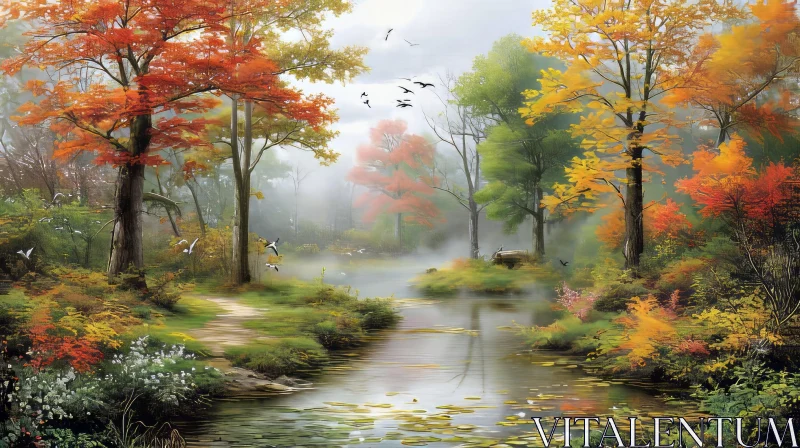 Serene Autumn Forest with River and Wooden Bridge AI Image