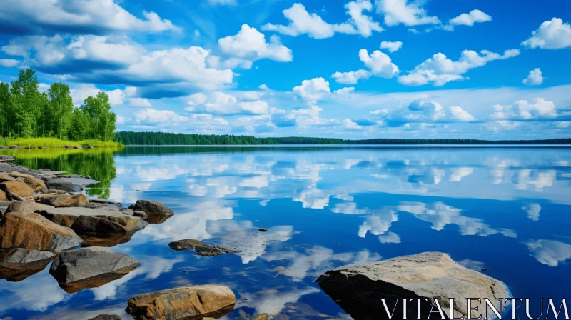 Serene Lake with Rocks and Clouds | Naturalistic Landscape Photo AI Image