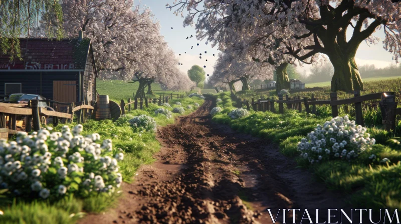 Serene Landscape: Country Road Through Blooming Trees AI Image